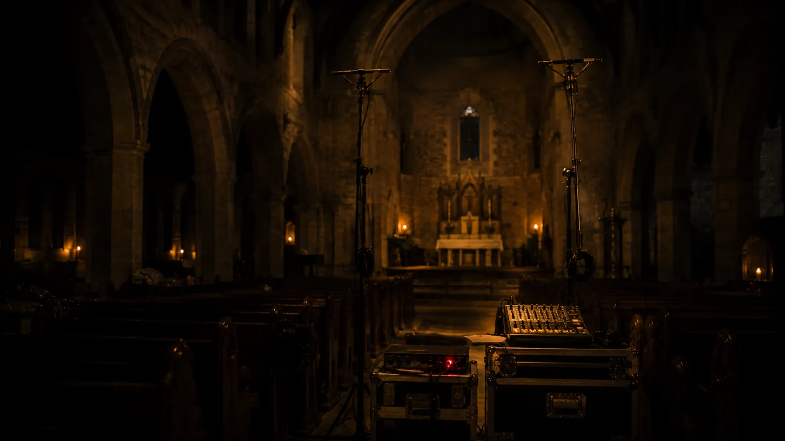 Two tall microphone stands and a compact recording rig set up in the aisle of a candlelit stone church