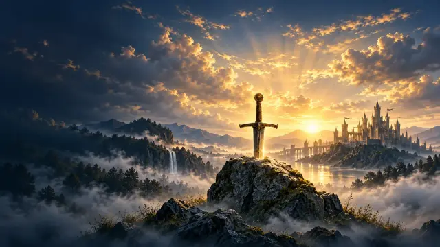 Crown & Grail key art: a sword set in a mossy stone above the mist, with a golden sunrise behind the towers of Camelot
