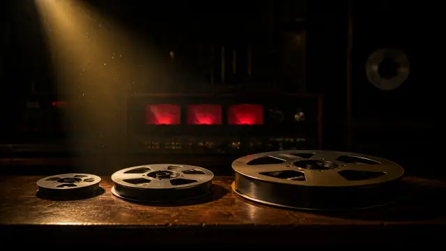 Three reel-to-reel tape reels arranged from small to large on a console desk under a warm spotlight, with red VU meters glowing behind