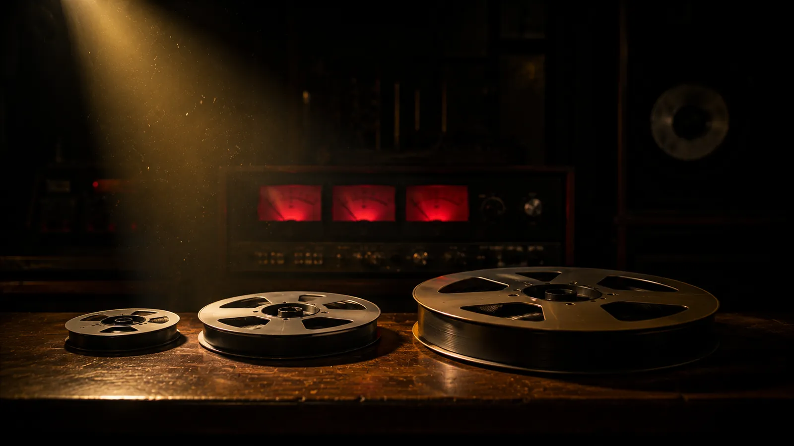 Three reel-to-reel tape reels arranged from small to large on a console desk under a warm spotlight, with red VU meters glowing behind