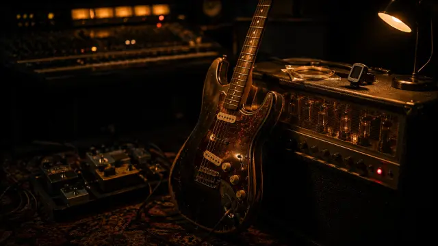 An electric guitar leaning against a glowing tube amp with a pedalboard on the floor in a warm, dark studio