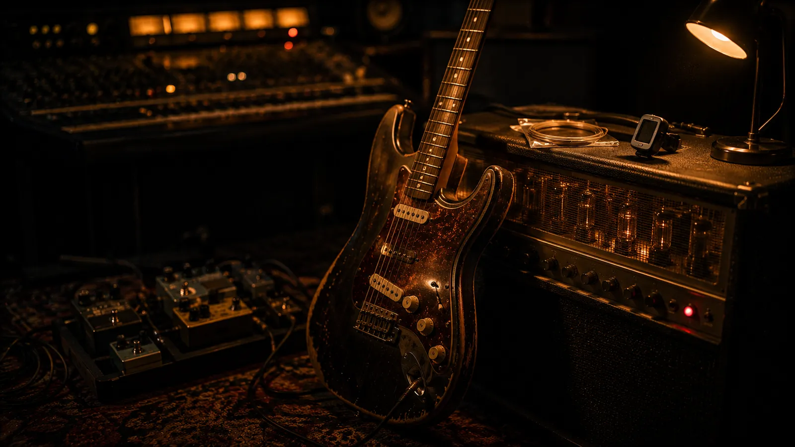 An electric guitar leaning against a glowing tube amp with a pedalboard on the floor in a warm, dark studio