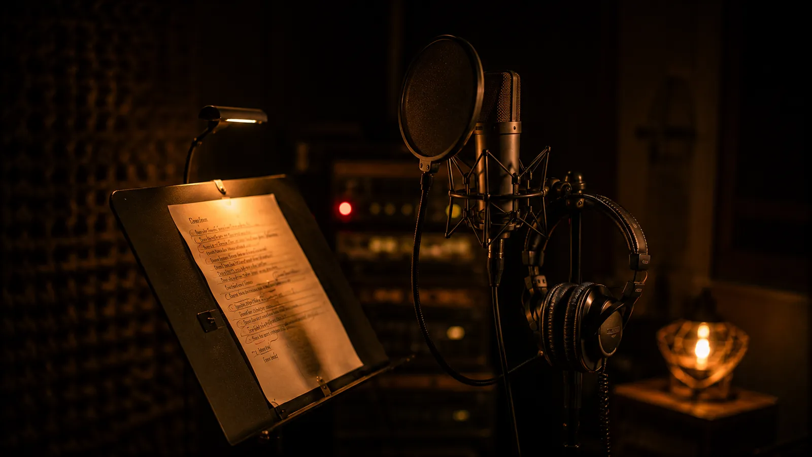 A lyric sheet on a lit music stand beside a vocal mic with pop filter and headphones in a dark studio