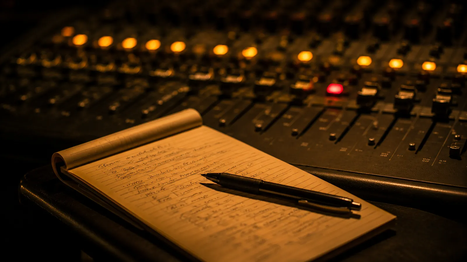 A handwritten notepad and pen resting on the edge of a mixing console with warm channel lights blurred behind