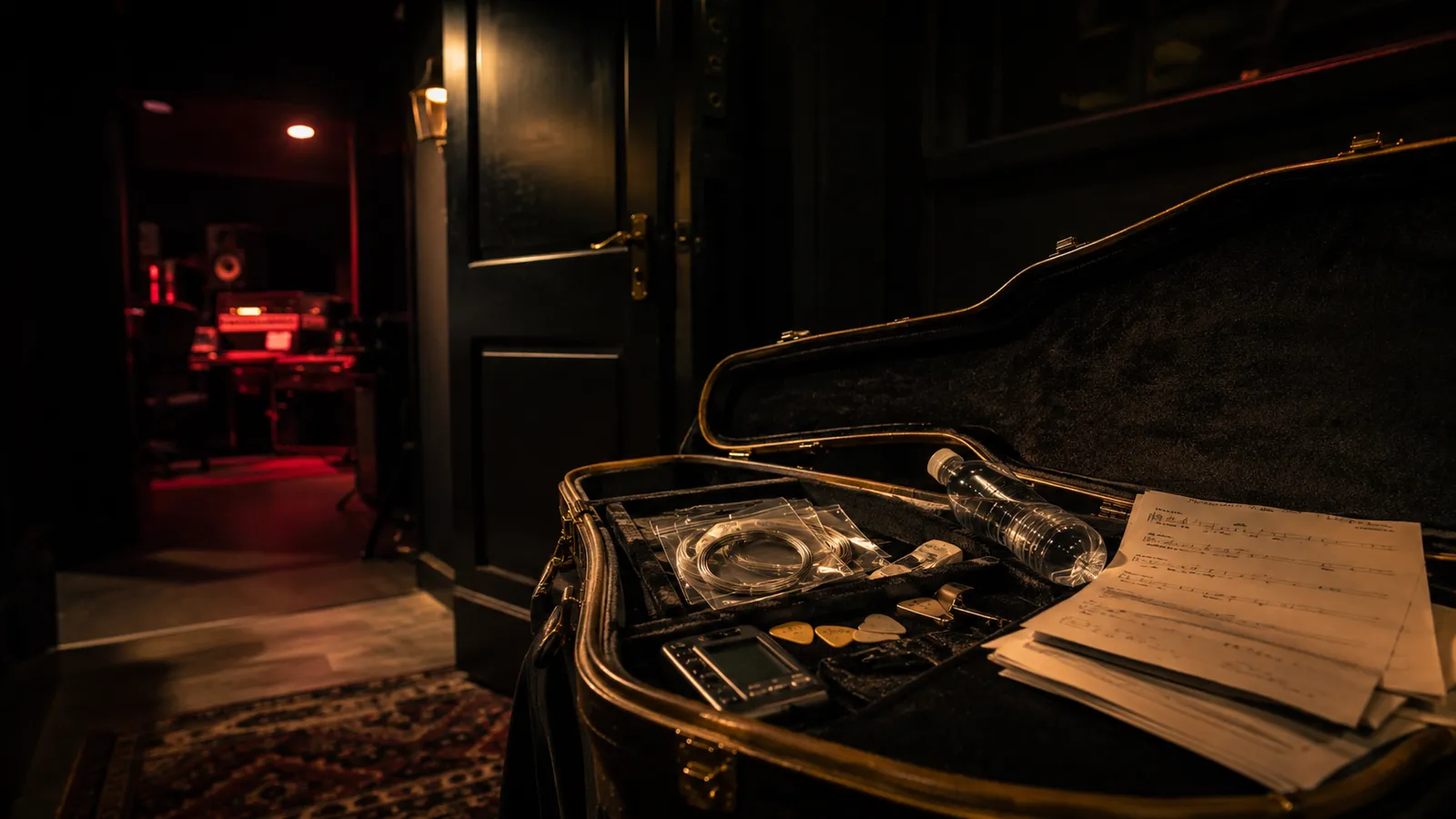 An open guitar case in a dark studio hallway, packed with fresh strings, picks, a tuner, lyric sheets, and a water bottle