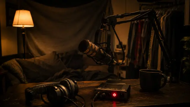 A broadcast microphone on a boom arm in a small room treated with draped fabric, with headphones, a compact recorder, and a mug on the desk