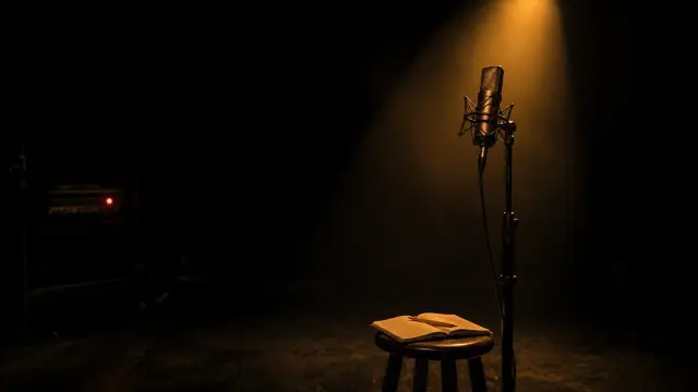 A single microphone on a stand under one warm spotlight in a dark studio, with an open notebook on a stool beside it