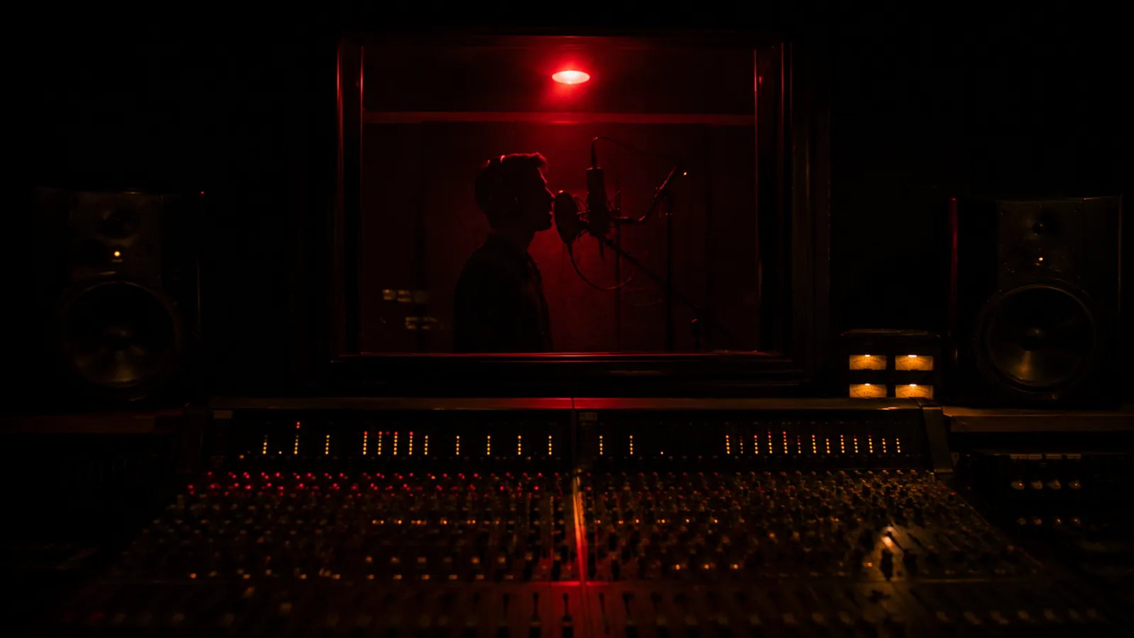 A singer silhouetted at a studio microphone behind vocal-booth glass, lit by a glowing red recording lamp above a mixing console