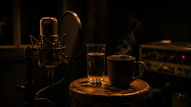A studio vocal microphone with pop filter beside a glass of water and a steaming mug on a wooden stool