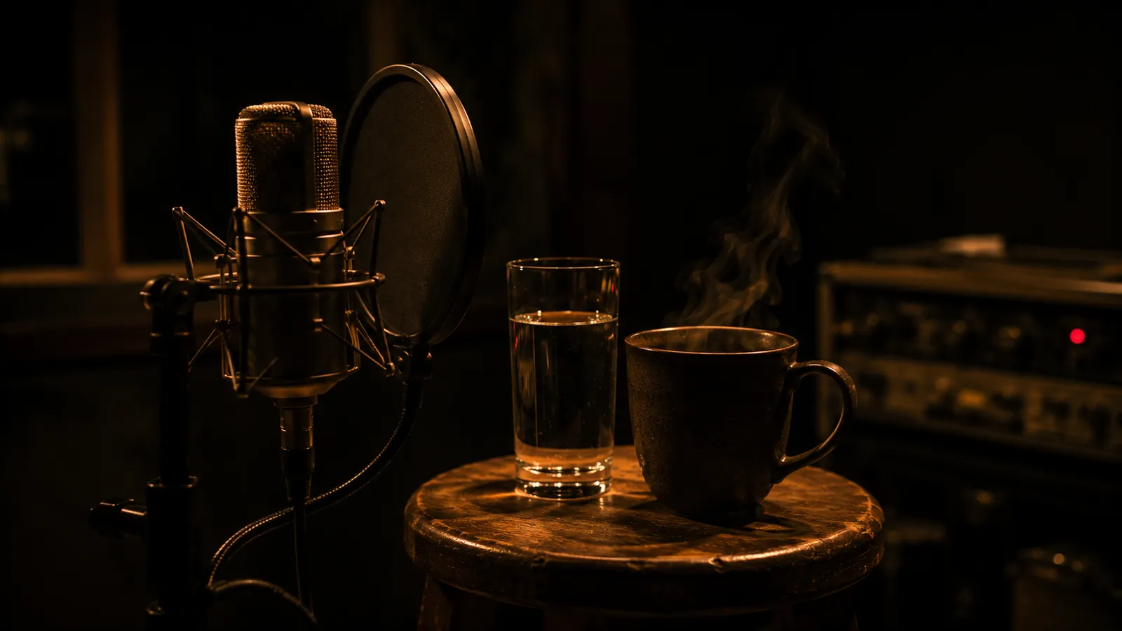 A studio vocal microphone with pop filter beside a glass of water and a steaming mug on a wooden stool