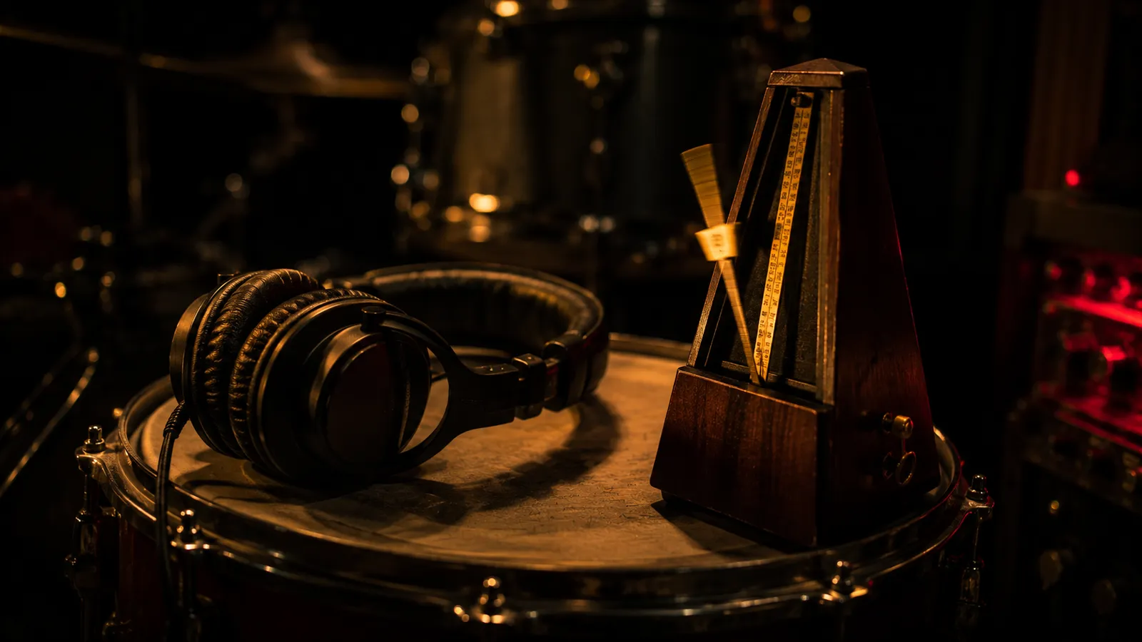 Studio headphones and a wooden metronome sitting on a snare drum in a dark, warmly lit studio