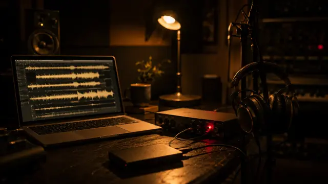 A laptop showing aligned audio waveforms on a home-studio desk beside an audio interface, hard drive, and headphones