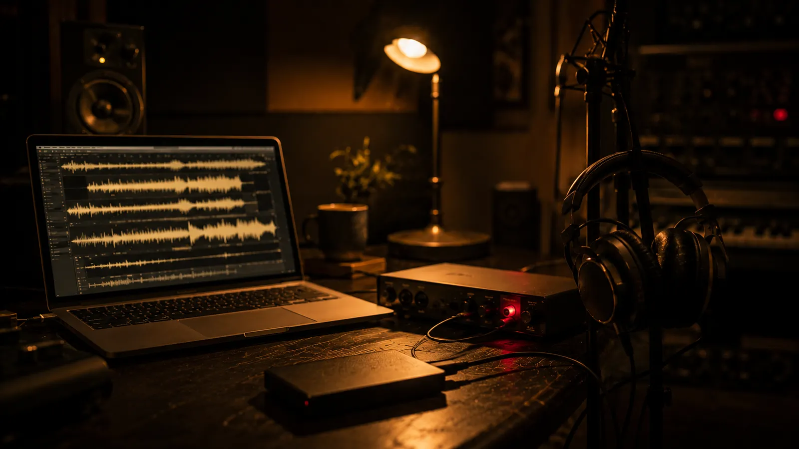 A laptop showing aligned audio waveforms on a home-studio desk beside an audio interface, hard drive, and headphones