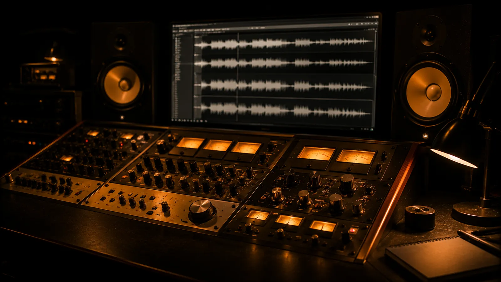 A mastering desk with glowing analog meters and grouped waveform lanes on a screen between two studio monitors