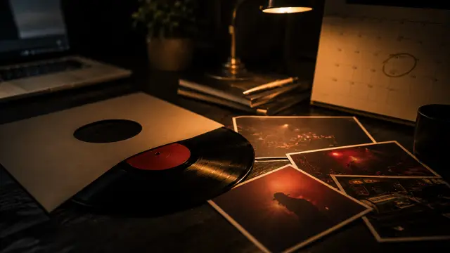 A vinyl record half out of a blank sleeve on a dark desk beside band photos and a wall calendar with one date circled in gold