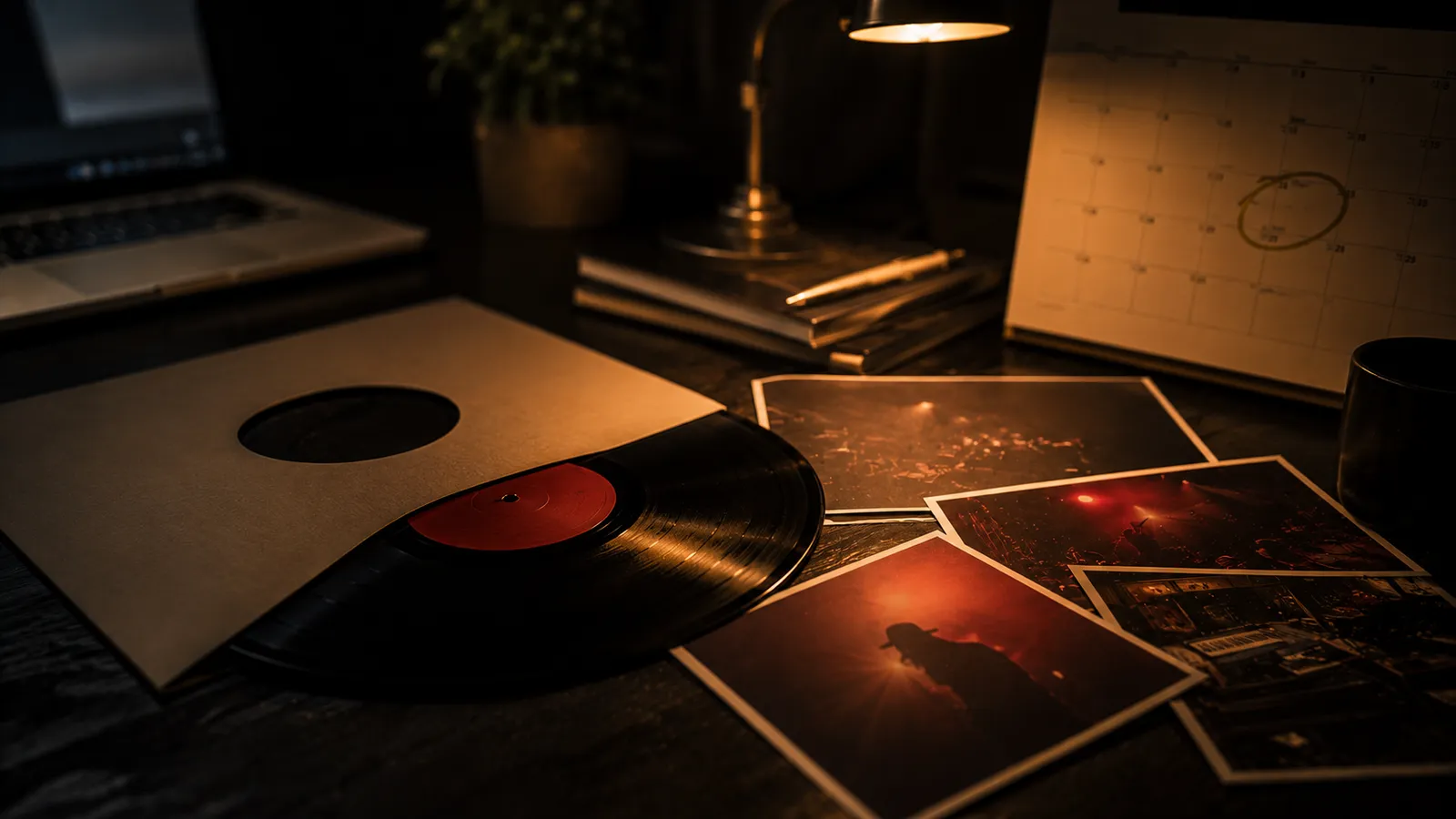 A vinyl record half out of a blank sleeve on a dark desk beside band photos and a wall calendar with one date circled in gold