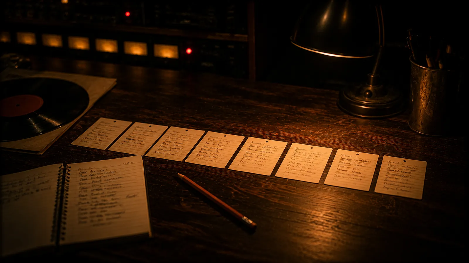 Handwritten index cards laid out in a row on a lamplit desk beside a notebook, pencil, and record
