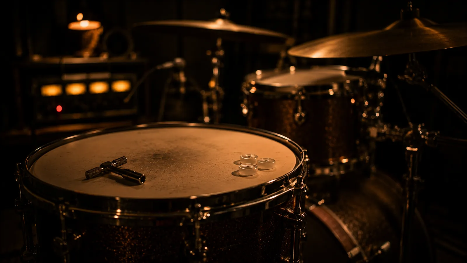 A drum key resting on a snare head with the rest of the kit fading into a dark, warmly lit studio
