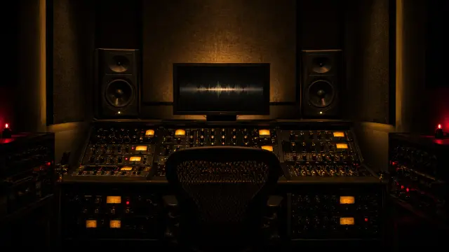 A dim mastering room with racks of analog gear, gold-lit VU meters, and a screen showing a waveform between two studio monitors