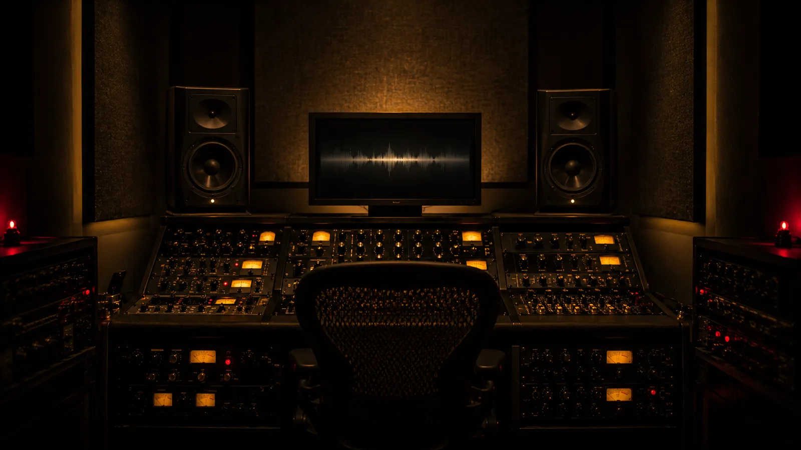 A dim mastering room with racks of analog gear, gold-lit VU meters, and a screen showing a waveform between two studio monitors