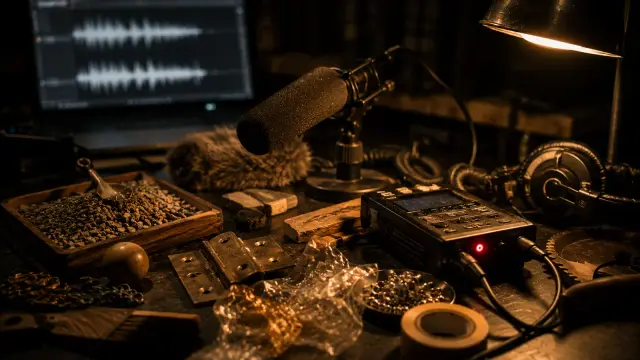 A sound-design workbench with a shotgun microphone, field recorder, and foley props — a gravel tray, crumpled cellophane, and an old hinge — under warm lamplight