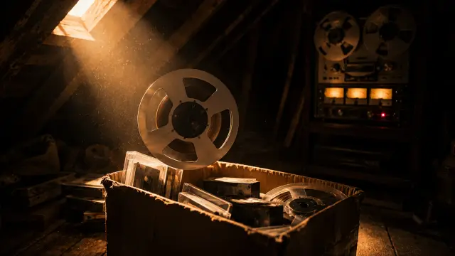 A cardboard box of cassettes and tape reels in an attic, one reel lifted into a shaft of golden light, with a reel-to-reel machine glowing behind