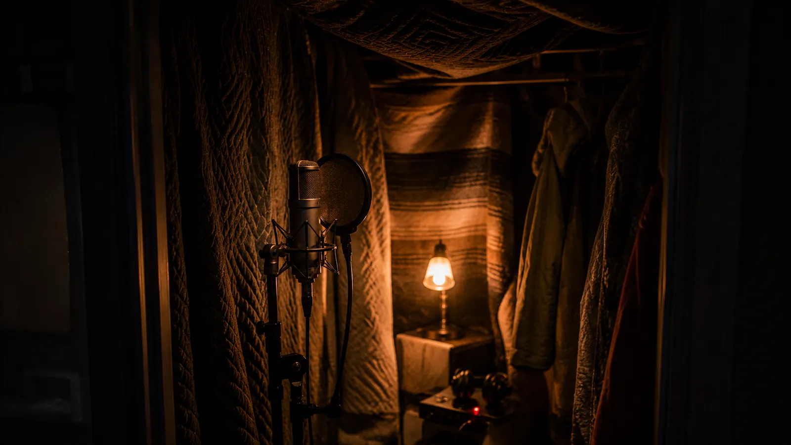 A microphone inside a makeshift vocal booth of hanging blankets and coats, lit by a small warm lamp