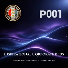 P001 Inspirational Corporate Beds front cover — RR Production Music Library, 6 tracks with multi-track stems, edit versions, and loop sets
