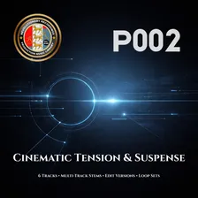 P002 Cinematic Tension & Suspense front cover — RR Production Music Library, 6 tracks with multi-track stems, edit versions, and loop sets