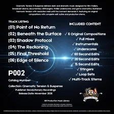 P002 Cinematic Tension & Suspense rear cover — track listing: Point of No Return, Beneath the Surface, Shadow Protocol, The Reckoning, Final Threshold, Edge of Silence; includes full mixes, instrumentals, underscores, 60/30/15 second edits, stingers, loop sets, and multi-track stems